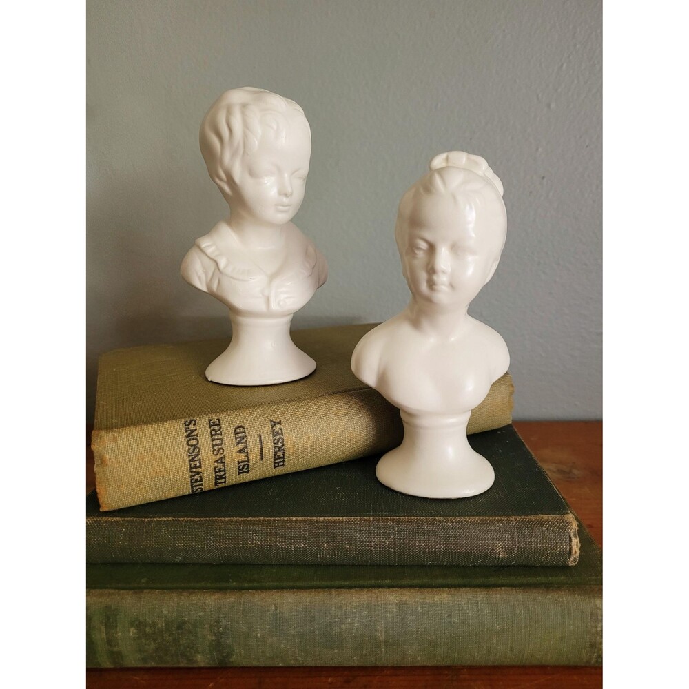 Vintage Girl and Boy Bust Figurines White  Porcelain 4.5" Tall Napco 1960s Japan